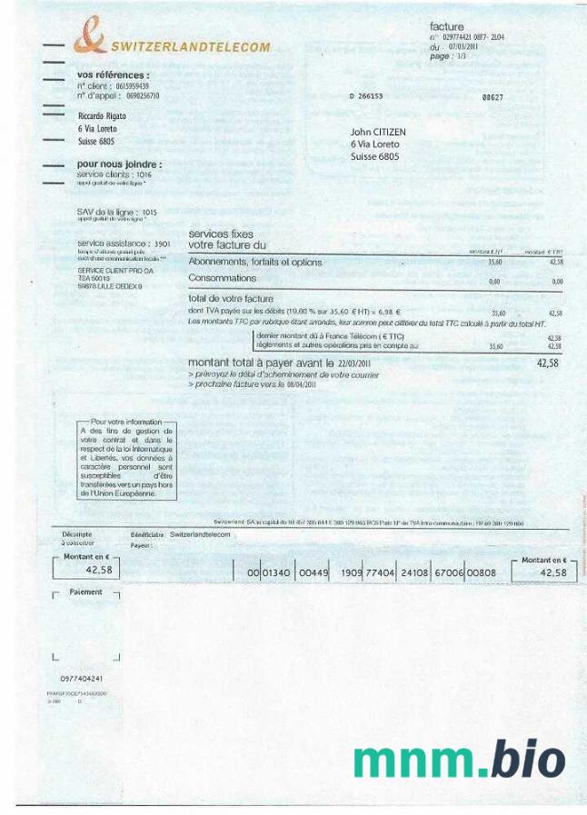 Szablon rachunku za media Switzerland Telecom, w pełni edytowalny w formacie PSD